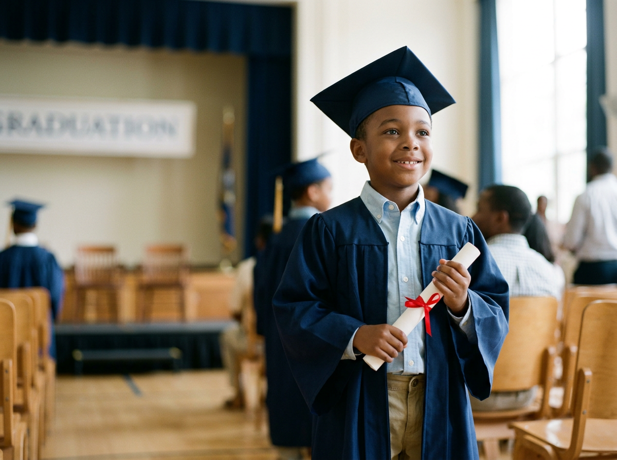 A young boy in a blue graduation cap and gown holding a diploma, smiling at a graduation ceremony in a bright room with other graduates and attendees.