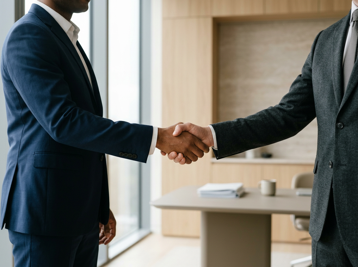 Two men in business suits shaking hands in a modern office.