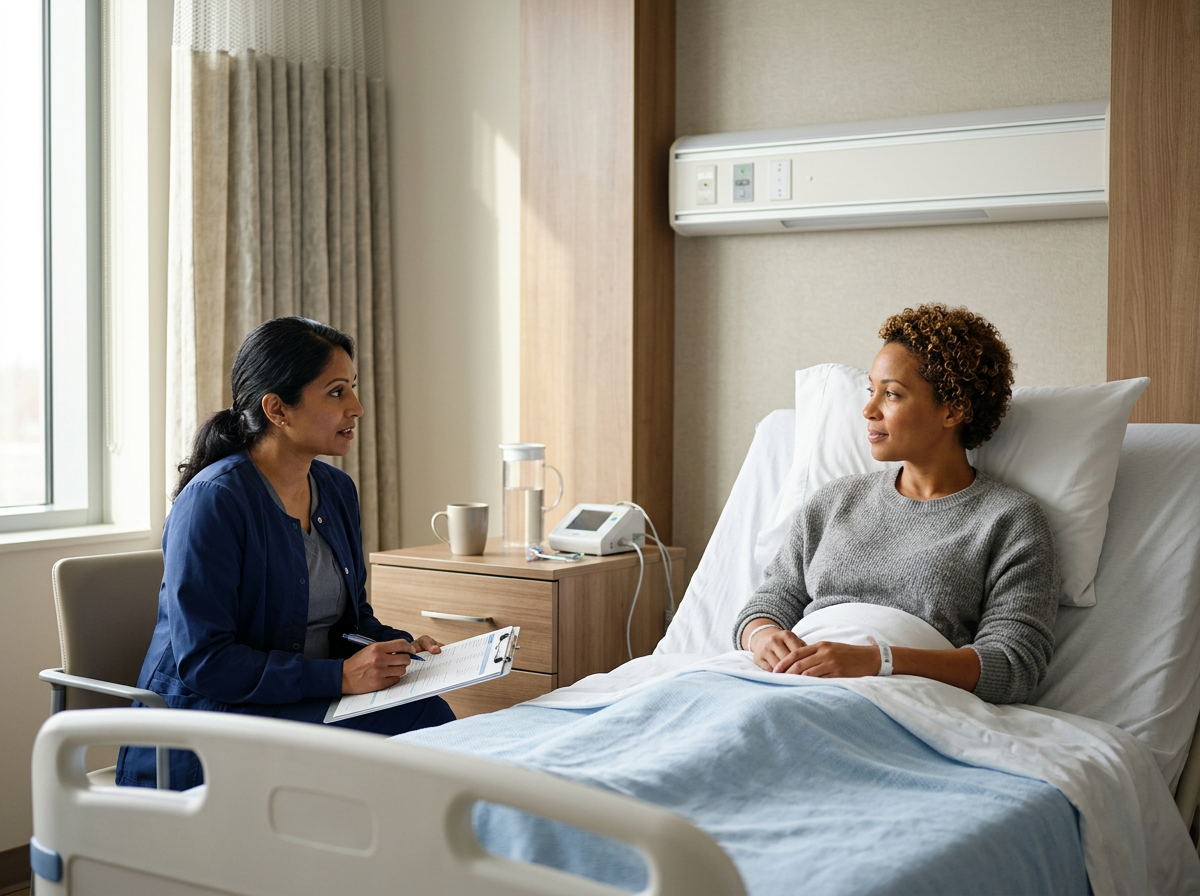 A woman in a hospital bed talking to a nurse in a bedside manner in a hospital room.