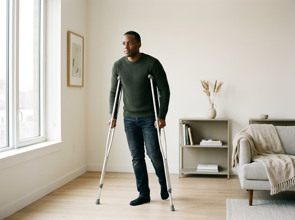 A man with crutches is walking in a bright, modern living room with light wooden flooring, white walls, a window, and minimal furniture.