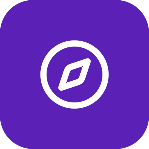 Purple background with a white icon of a diamond shape inside a circle.