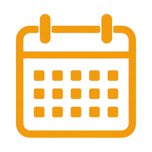 Icon of a calendar with a yellow outline and grid, on a black background.