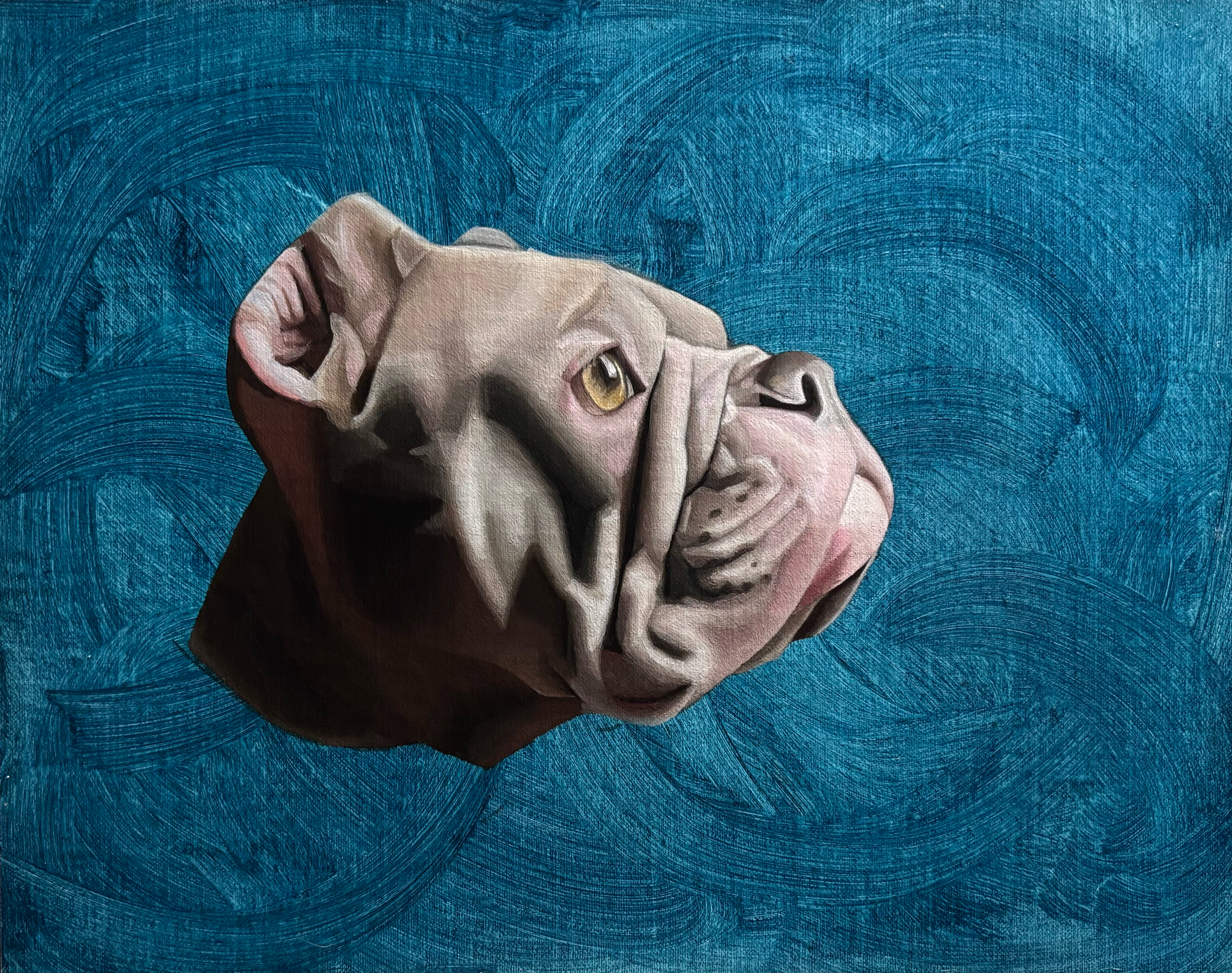 Classical style oil painting study of a rescue dog.