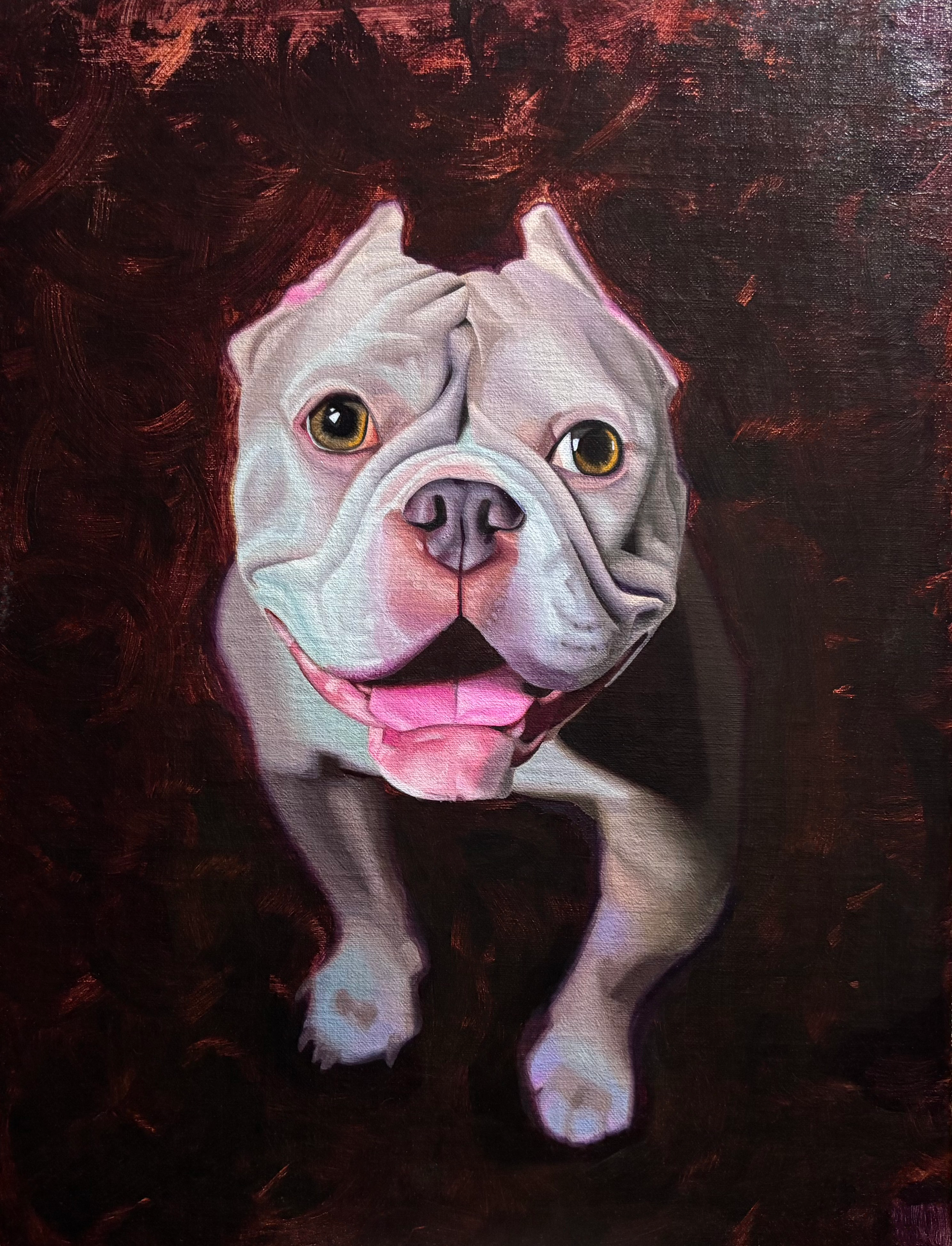 A portrait of a dog with white fur and large brown eyes, painted in a realistic style with dark, textured background.