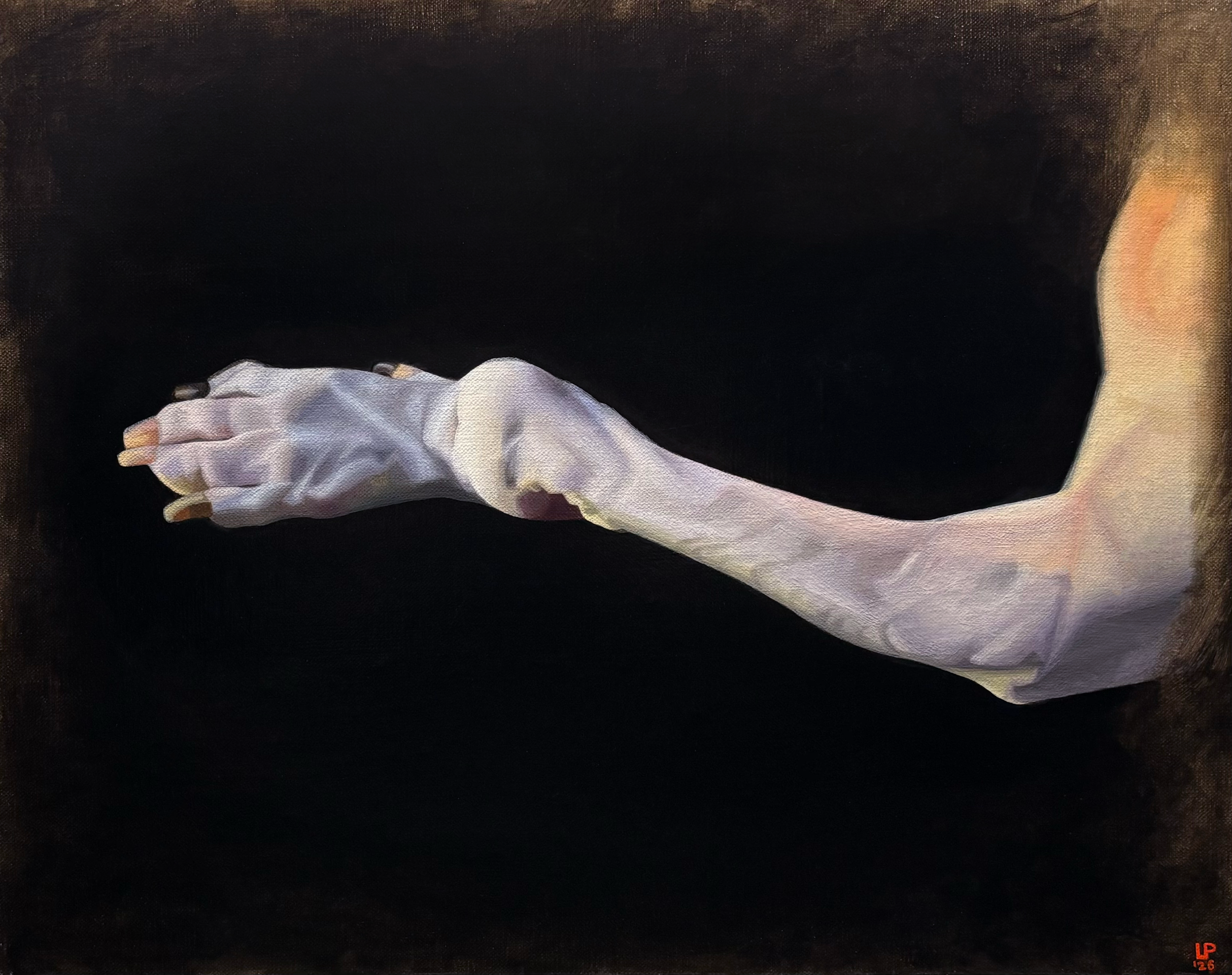 Classical style oil painting of an injured dog.