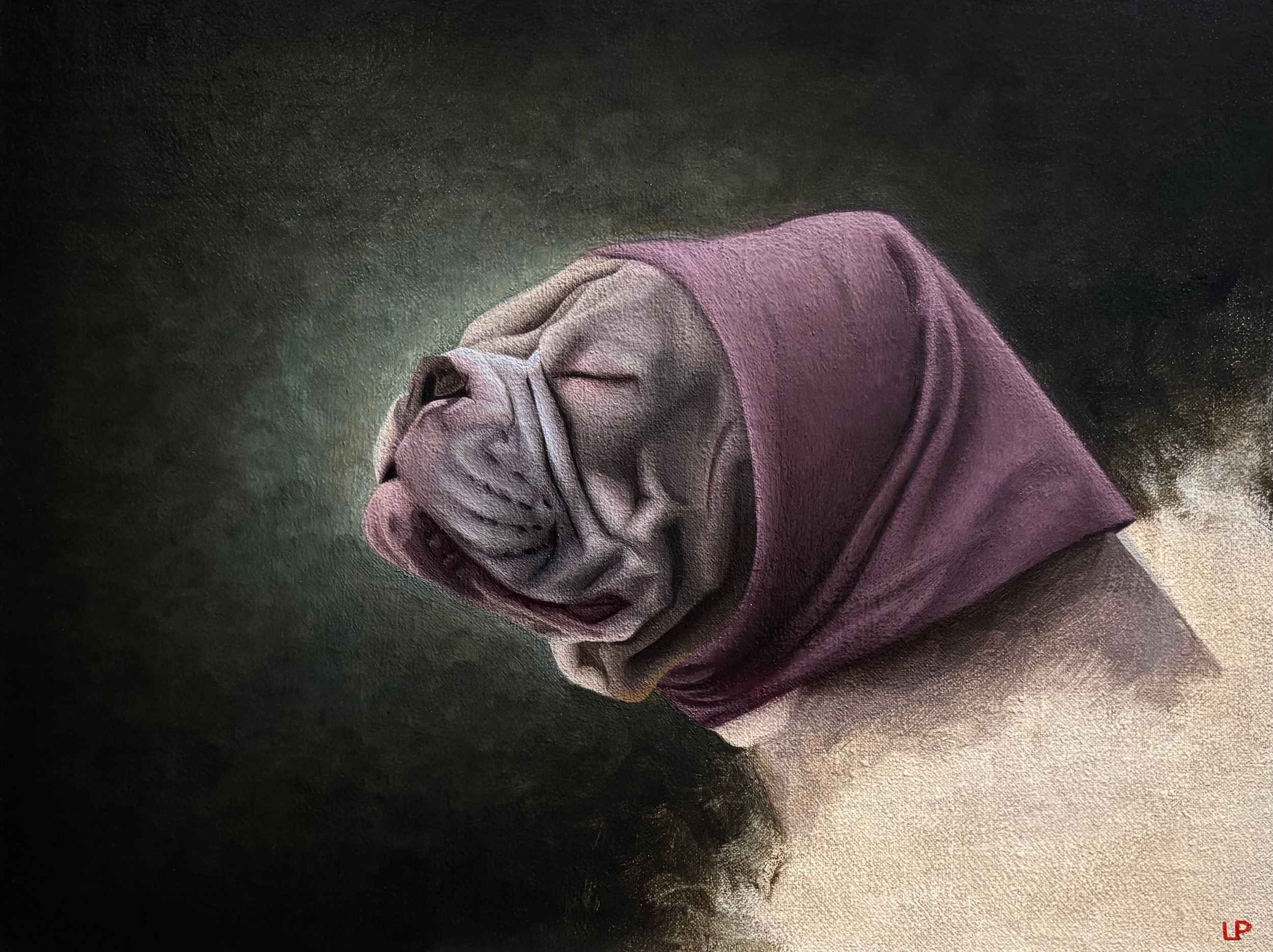 Classical style oil painting of a rescue dog.