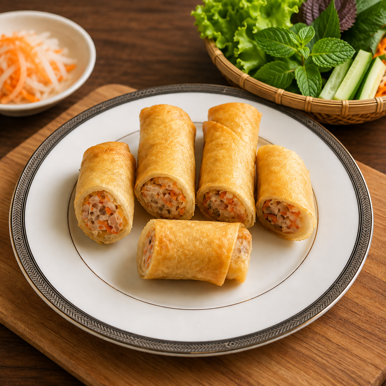 Plate of five Vietnamese spring rolls with visible shredded vegetables inside, served on a decorative white plate on a wooden serving board, with side dishes of fresh greens and a small bowl of pickled shredded vegetables in the background.