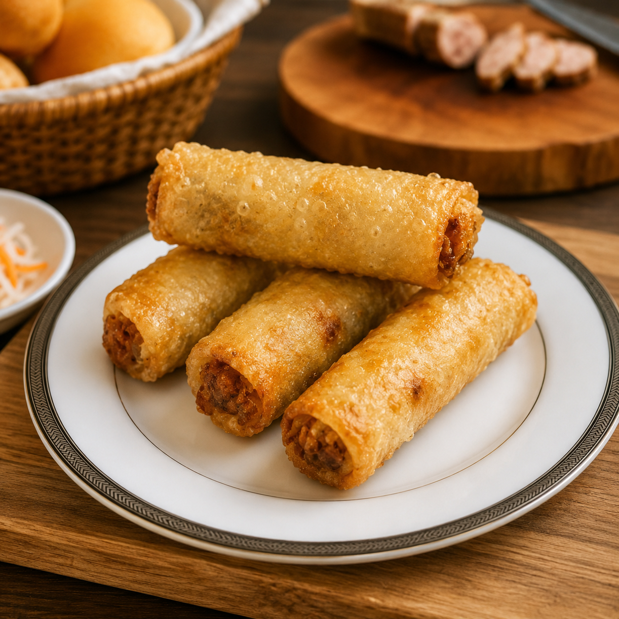 Four golden fried spring rolls on a decorative white plate with black trim.