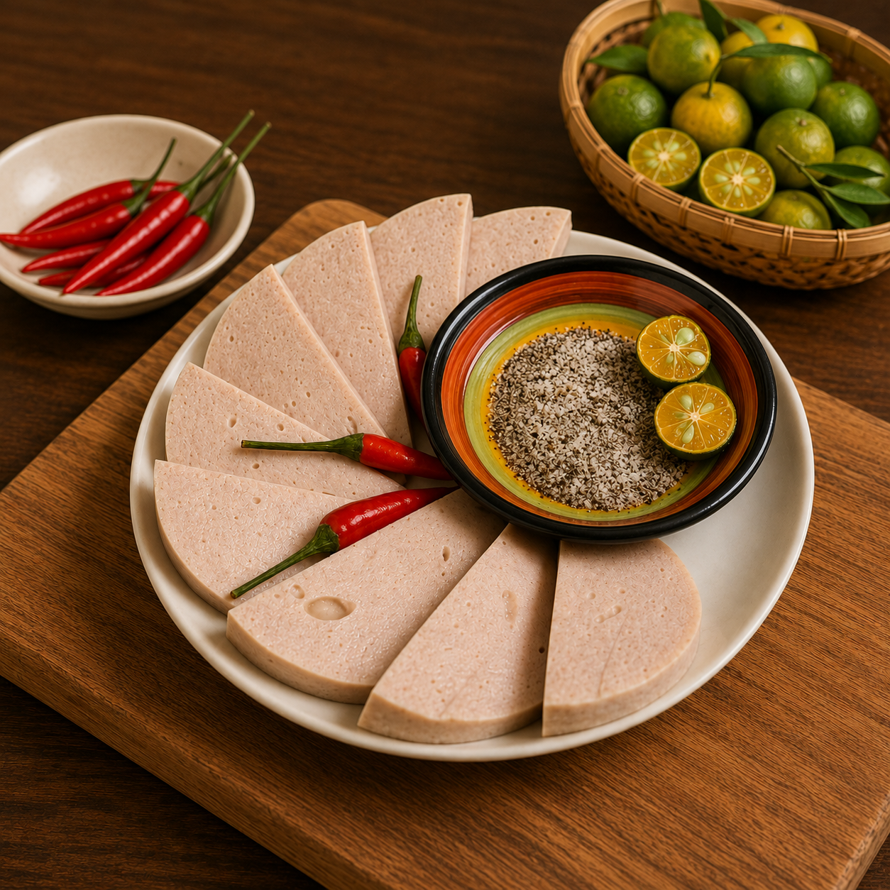 A plate of sliced Vietnamese pork loaf (Chả lụa) garnished with red chili peppers, served with a dipping sauce containing sesame seeds and halved fresh kumquats. In the background, a basket of whole green kumquats and a small dish of additional red c
