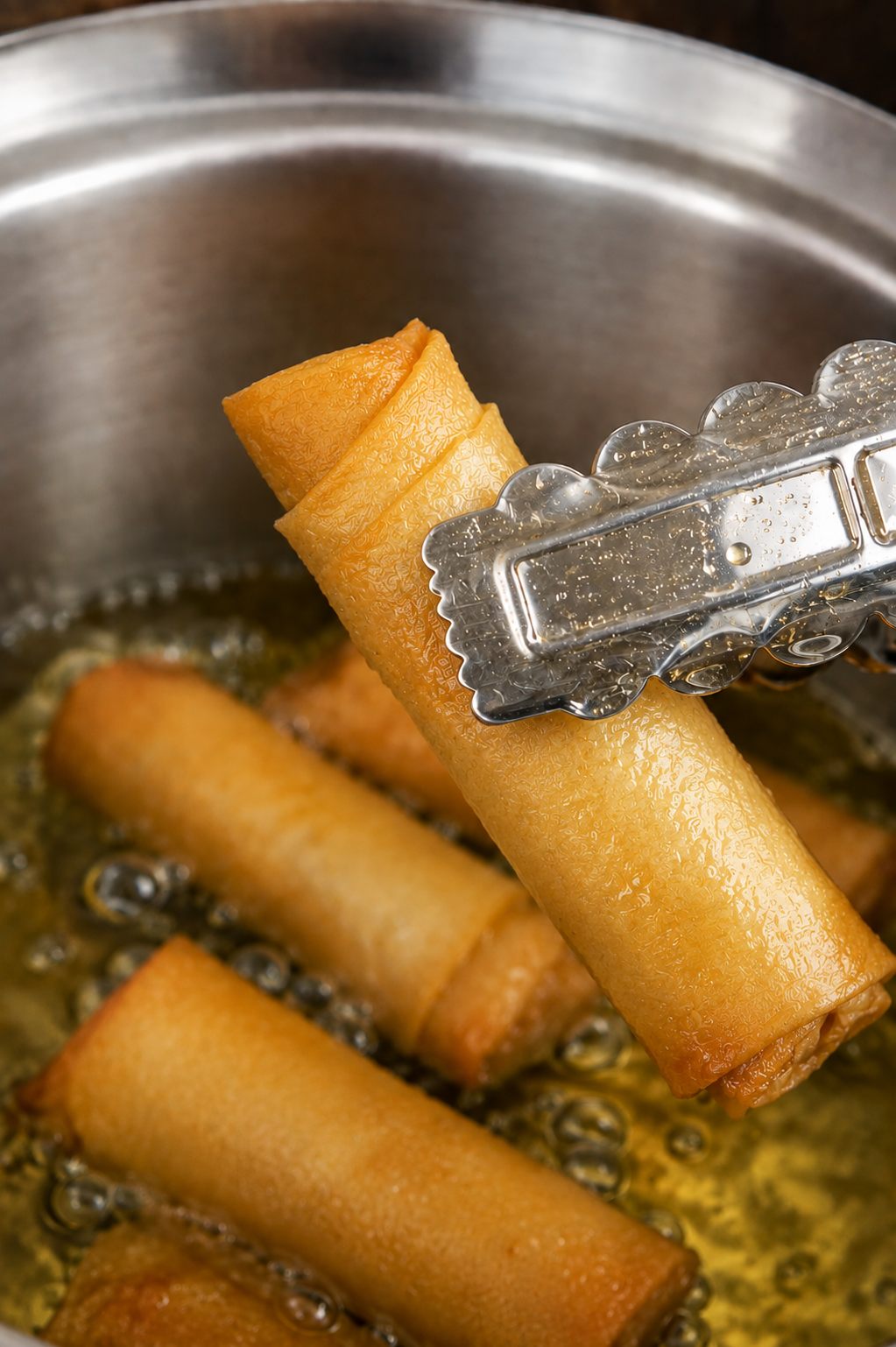 Close-up of golden fried spring rolls being cooked in hot oil inside a pan.
