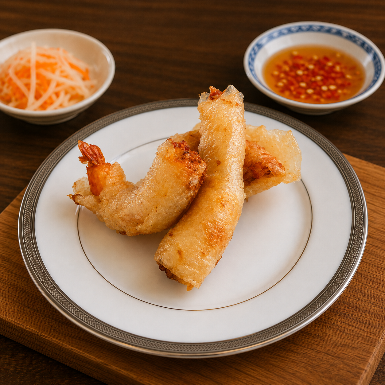Plate of fried shrimp with two side dishes, one containing shredded vegetables and the other a dipping sauce.