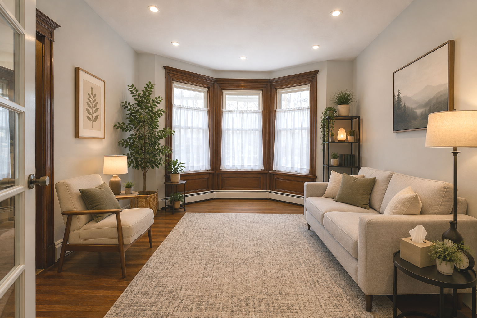 Living room with beige sofa, armchair, wooden flooring, large bay window with white curtains, and various potted plants.