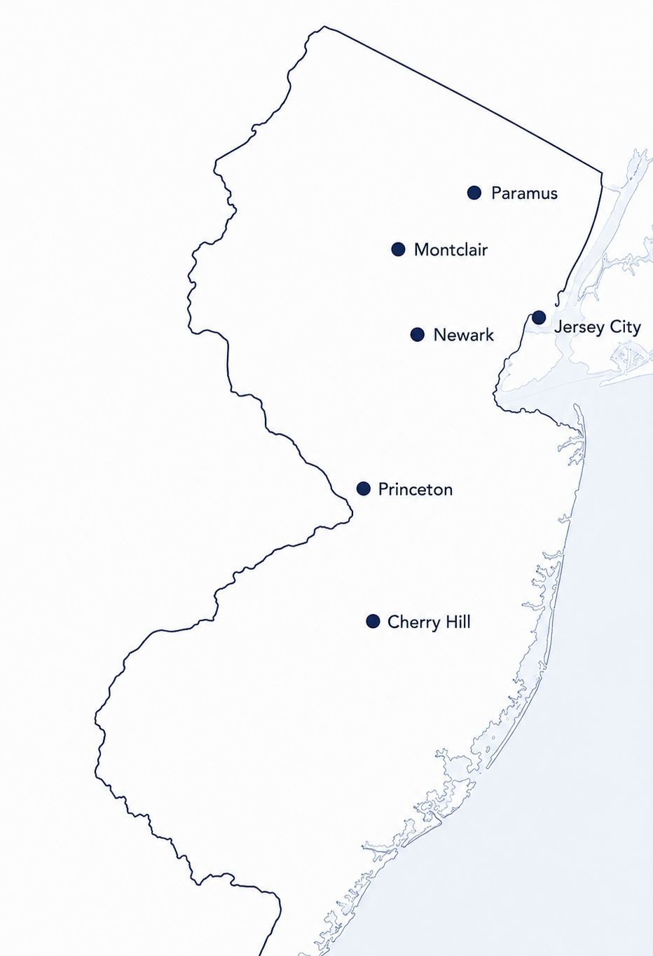 Map of New Jersey highlighting cities including Jersey City, Newark, Montclair, Paramus, Princeton, Cherry Hill, with nearby waterways.