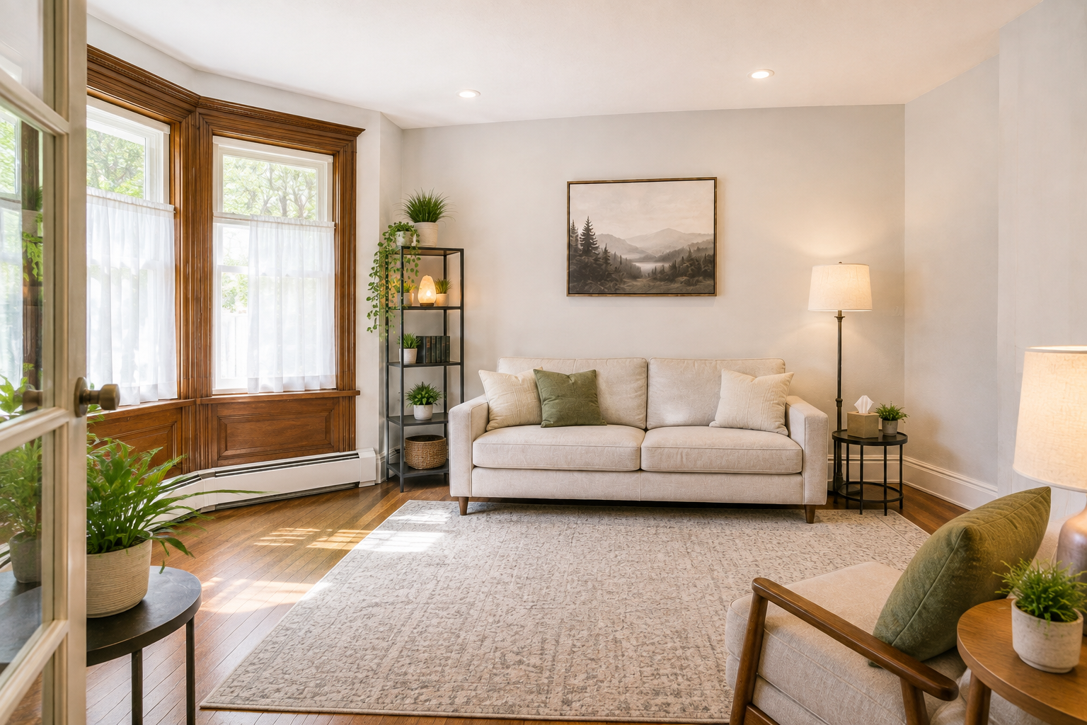 Bright living room with large windows, a white sofa with pillows, a black shelf with plants and decor, a beige armchair, and a framed mountain landscape painting on the wall.