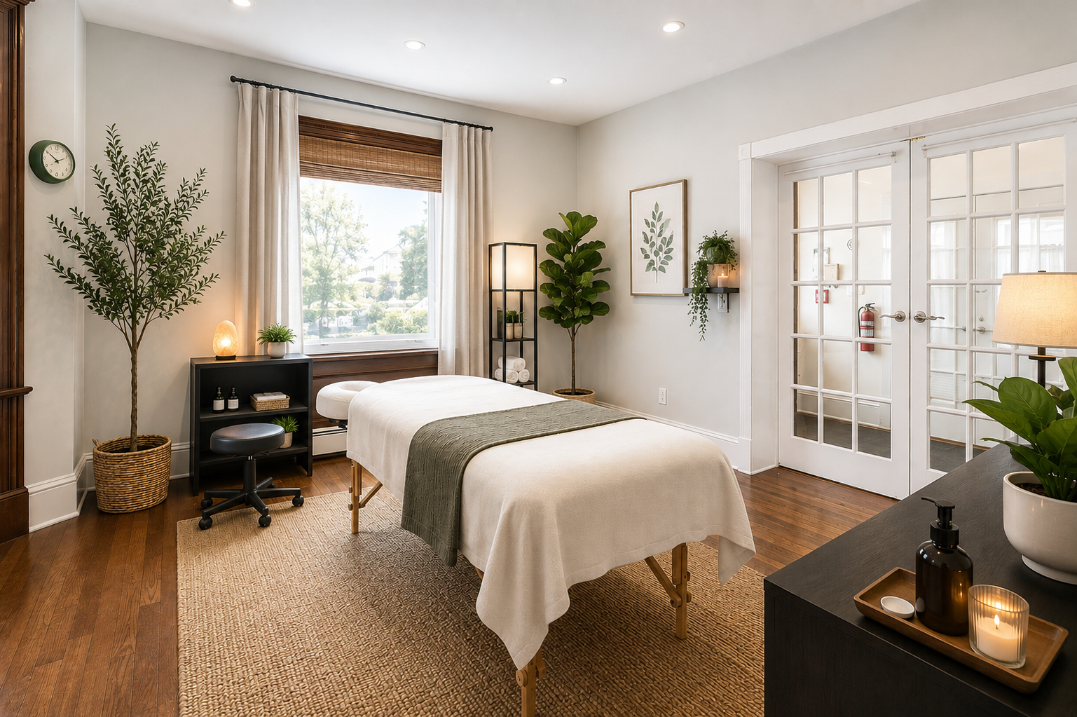 A wellness or massage room with a massage table, potted plants, bookshelves, framed art, a window with curtains, and a door with glass panes.