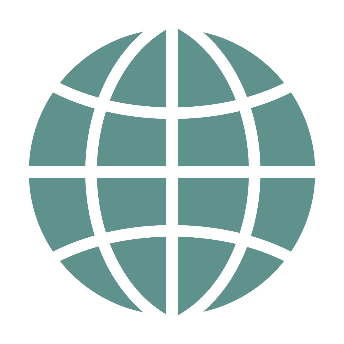 A stylized globe with grid lines in teal and black.