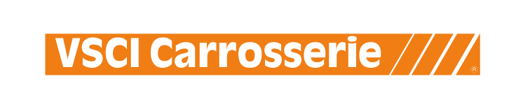 Text in einem orangefarbenen und schwarzen Logo: 'VSCI Carrosserie' mit diagonalen Linien.
