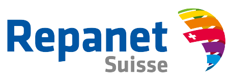 Logo von Repanet Suisse mit buntem, spiralförmigem Design.