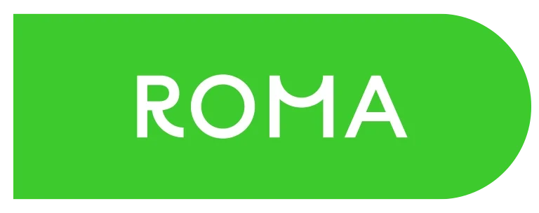 Etiqueta verde con el texto 'ROMA' en letras blancas.