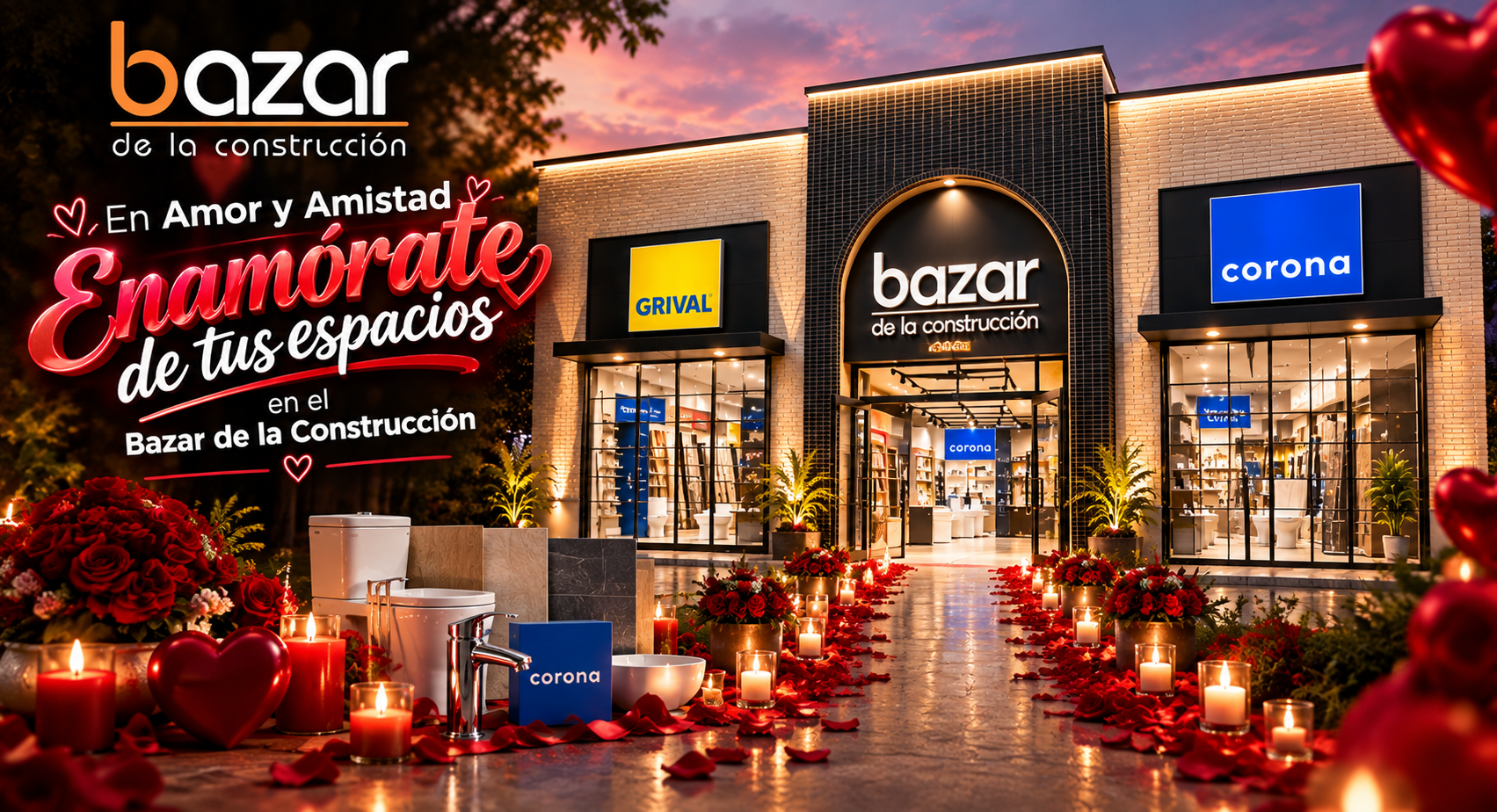 Cartel que promociona el Bazar de la Construcción con tema de amor y amistad, decorado con velas, flores rojas, corazones y tiendas de marcas como Grival y Corona en la entrada del centro comercial al atardecer.