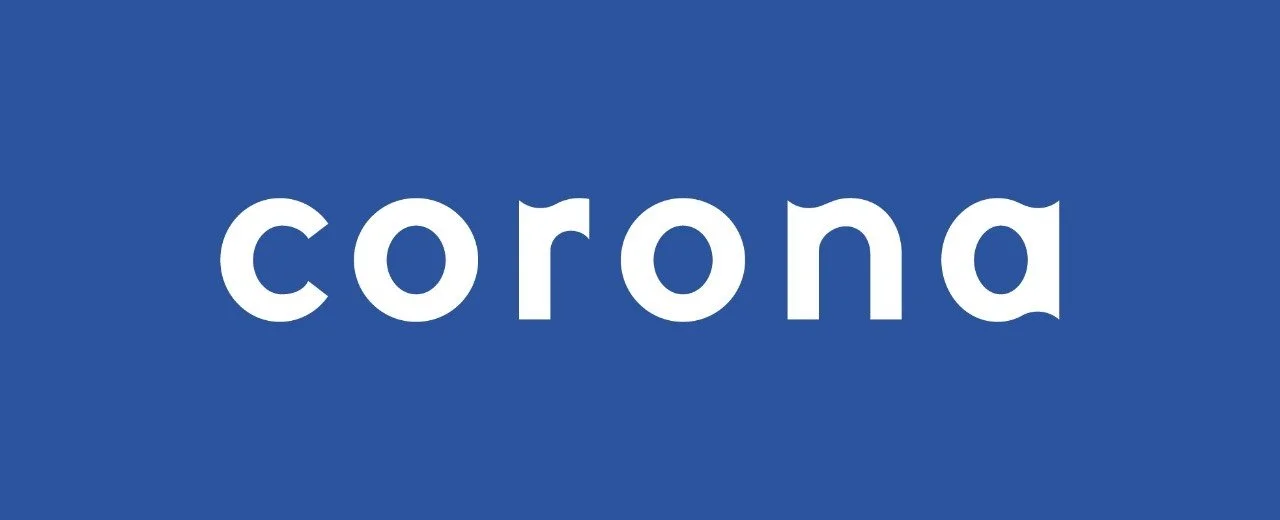 Texto que dice 'corona' en fondo azul.