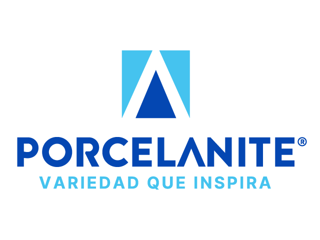 Logotipo de Porcelanite con un símbolo azul y negro y el lema 'Variedad que inspira'.