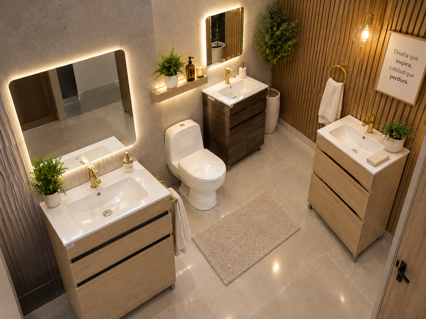 Baño moderno con dos lavabos de madera y una taza en el centro. Espejos con iluminación de fondo, plantas decorativas, una toalla colgada, un papel con una frase en la pared de madera, y un ambiente cálido y bien iluminado.