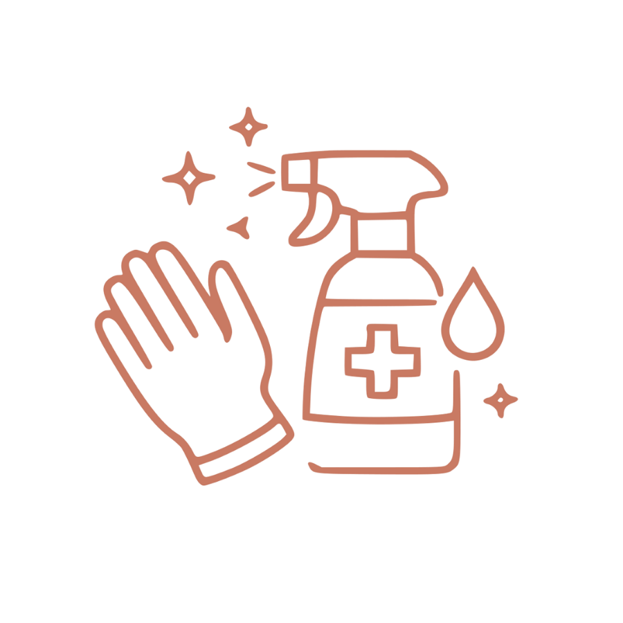 Illustration d'un flacon de désinfectant, d'une paire de gants et de brillance ou étincelles, symbolisant la désinfection ou la propreté.
