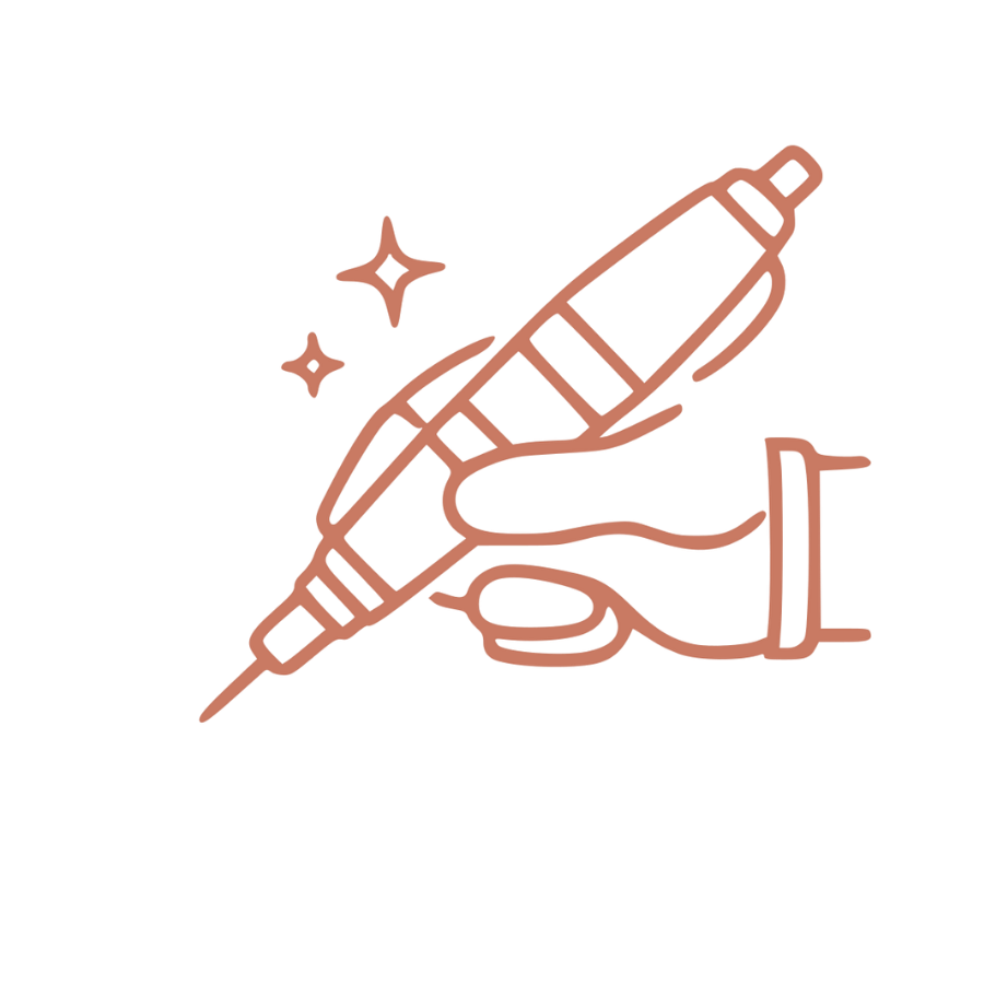 Un dessin stylisé d'une main tenant un stylo ou un marqueur, entouré d'étoiles scintillantes, en style minimaliste et illustratif.