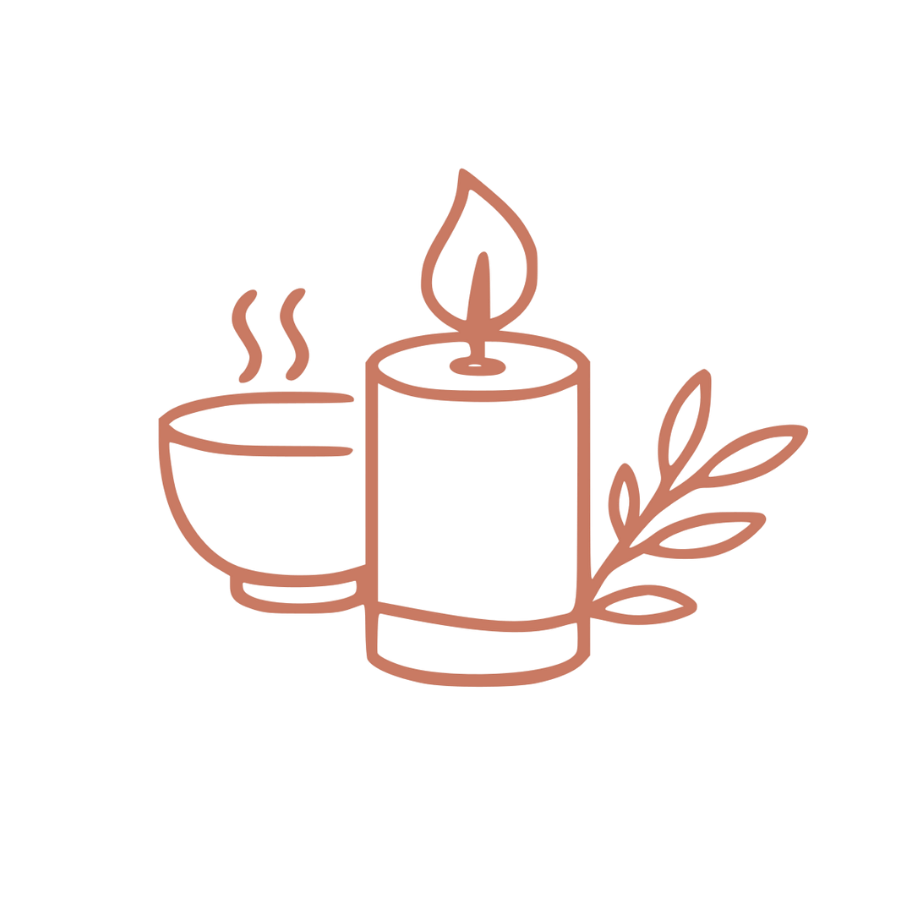 Icone de bougie et de tasse avec des feuilles, illustration simple et élégante.