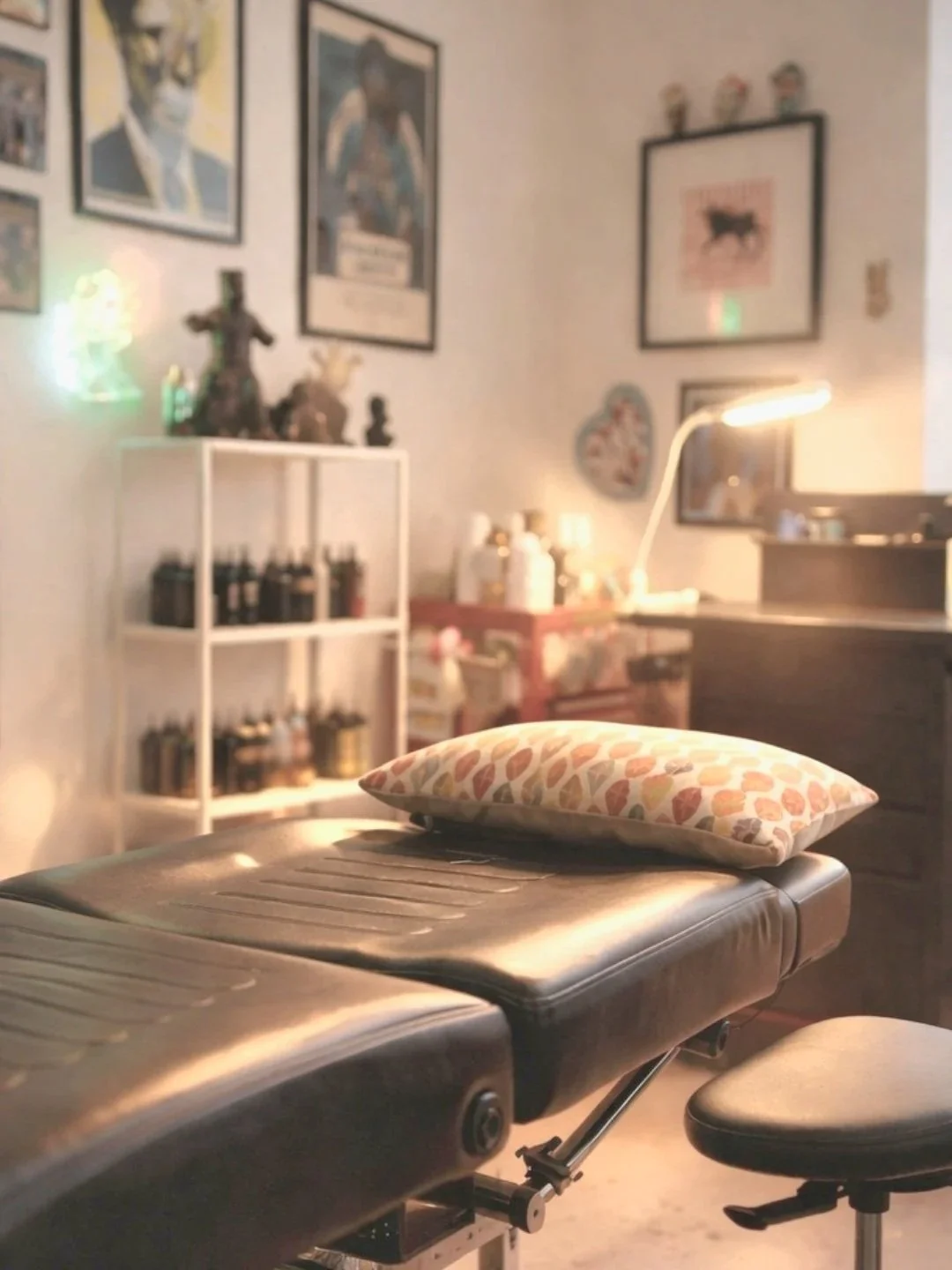 Salle de tatouage ou studio avec une table de tatouage, un coussin et des étagères avec des bouteilles et des figurines.