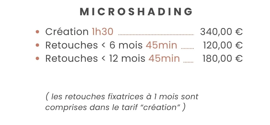 Tarif de microshading avec création à 1h30, retouches sous 6 mois et sous 12 mois, avec prix en euros