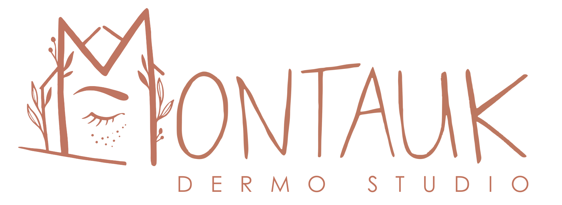 Logo de Montauk Dermostudio avec un dessin stylisé d'un visage dans le M de Montauk. On peut également voir un oeil fermé apaisé, un sourcil et des taches de rousseur ainsi que des feuilles ornementales.
