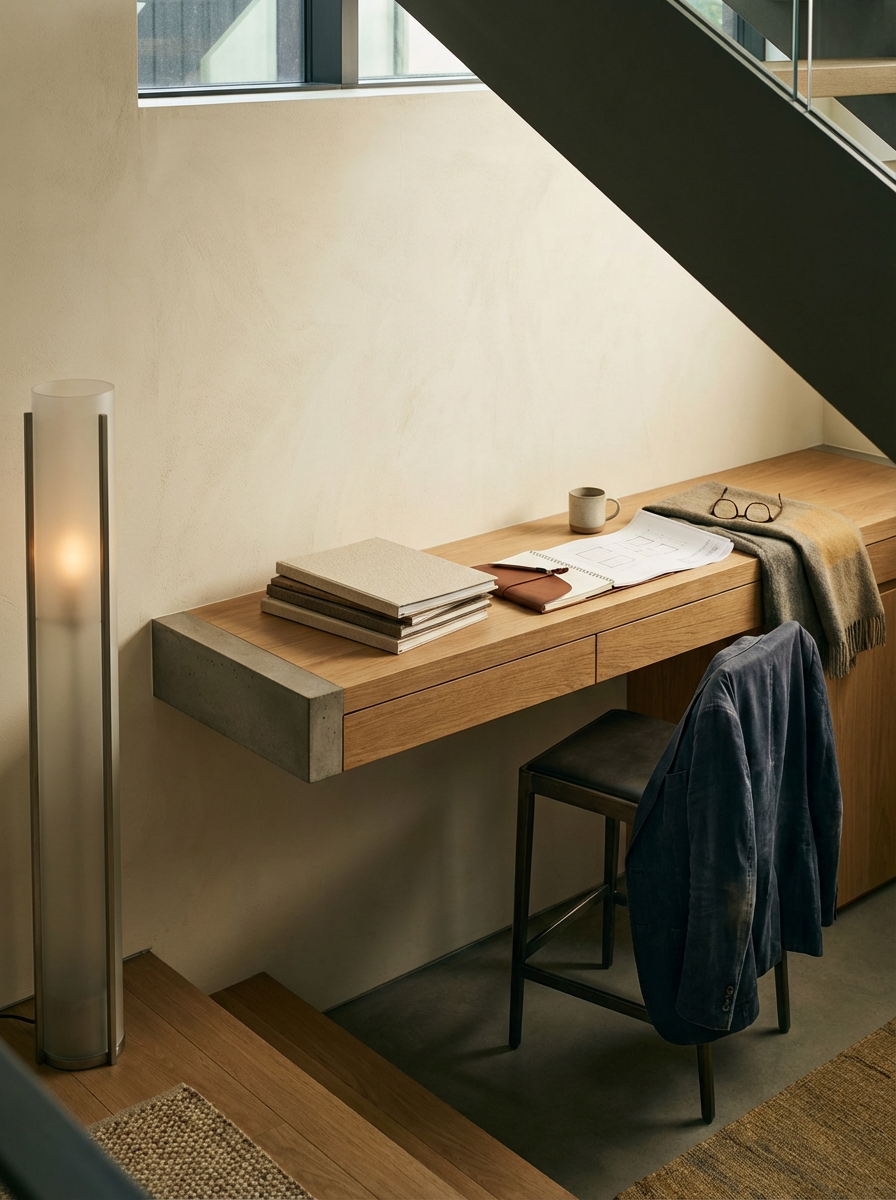 Modern workspace with wooden desk under staircase, chair with denim jacket, desk lamp, books, notebook, mug, glasses, and scarf.