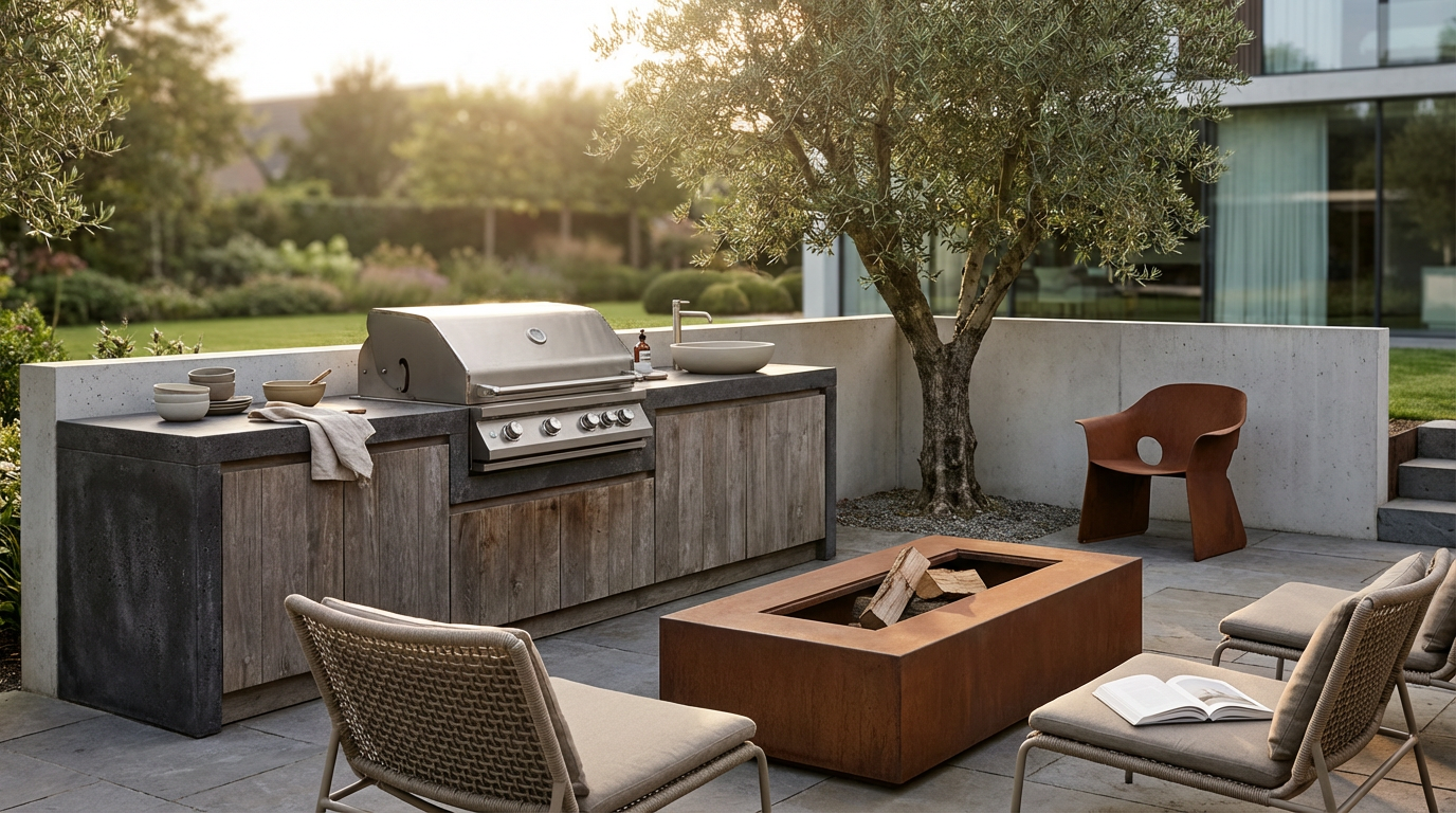 Outdoor patio with a built-in grill, a fire pit, and seating including chairs with cushions and an open book, set against a backdrop of trees and modern house architecture at sunset.