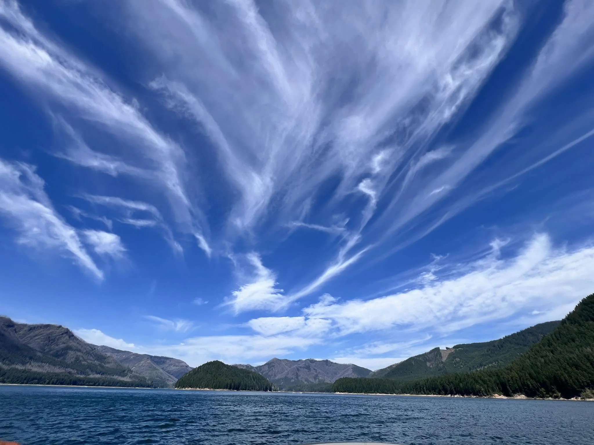 A scenic view of a large body of water surrounded by forested mountains, with a partly cloudy blue sky overhead.