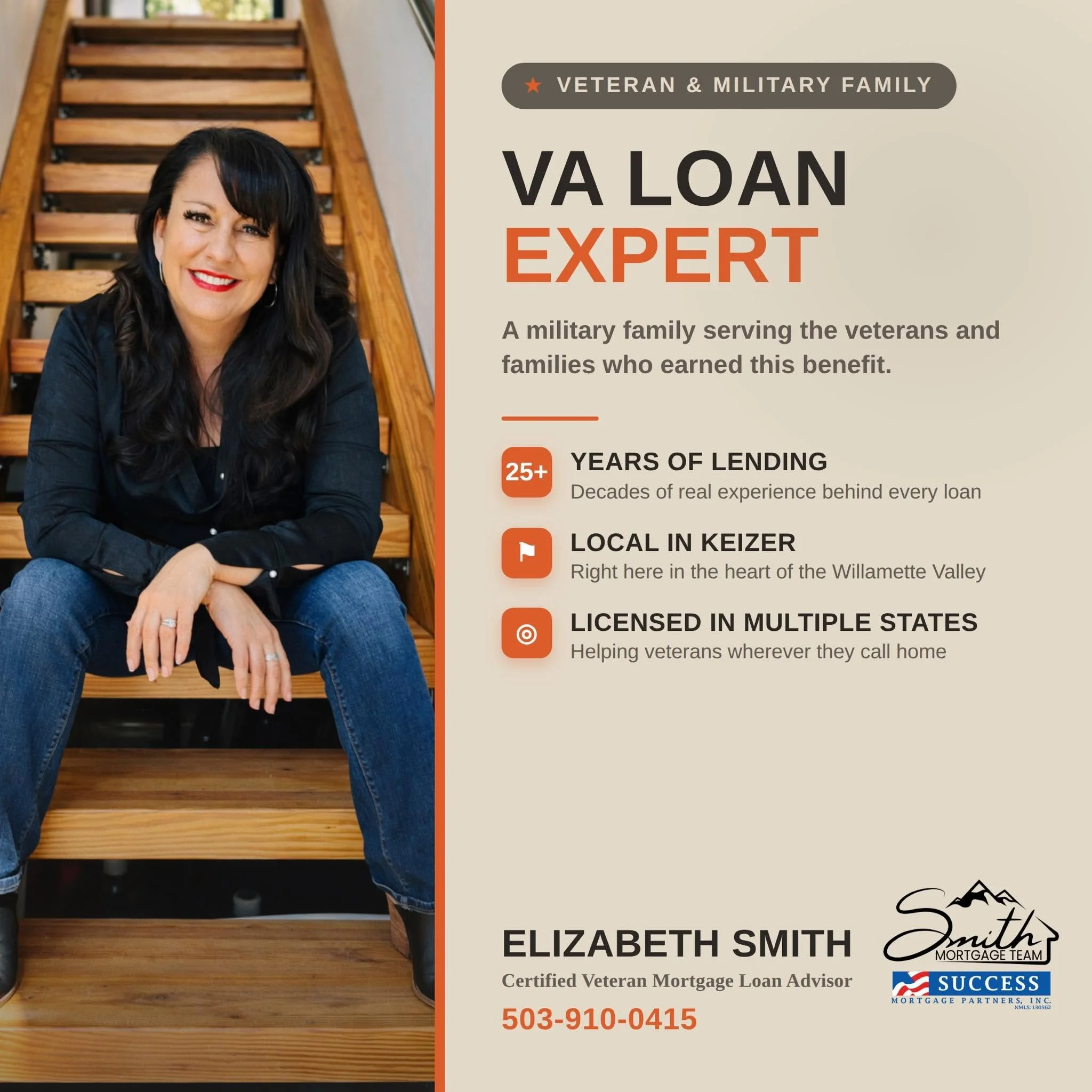 A woman sitting on a wooden staircase, smiling at the camera, with a split background highlighting her on the left and a professional business card for Elizabeth Smith, a veteran mortgage loan advisor, on the right.