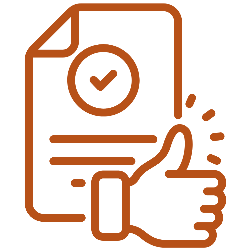 Icon of a document with a checkmark inside a circle, a thumbs-up gesture, and a few burst lines indicating approval or success.