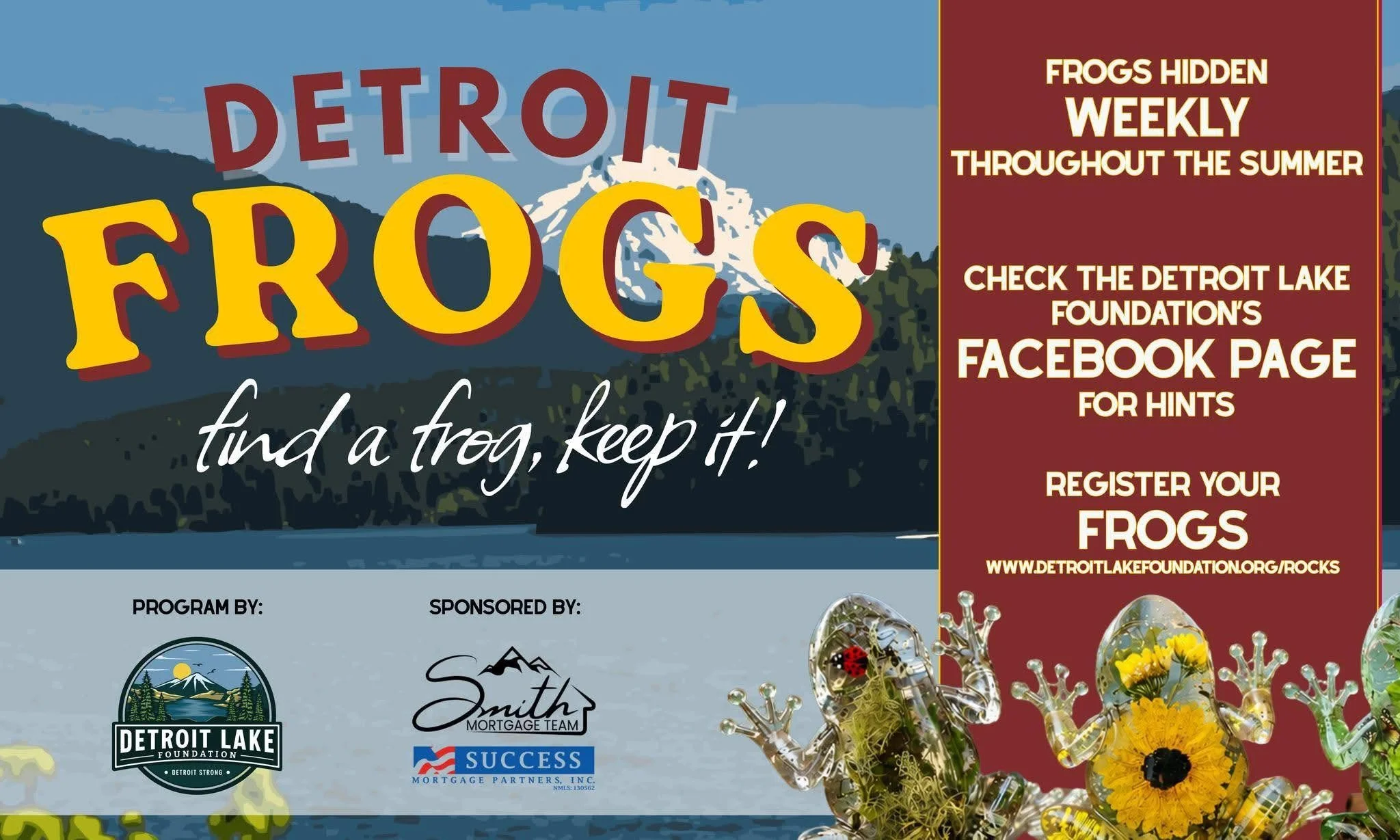 A promotional poster for Detroit Frogs Hunt with the title in large yellow and maroon letters, featuring illustrations of frogs, flowers, and a mountain landscape. The right side contains additional event details and sponsor logos.
