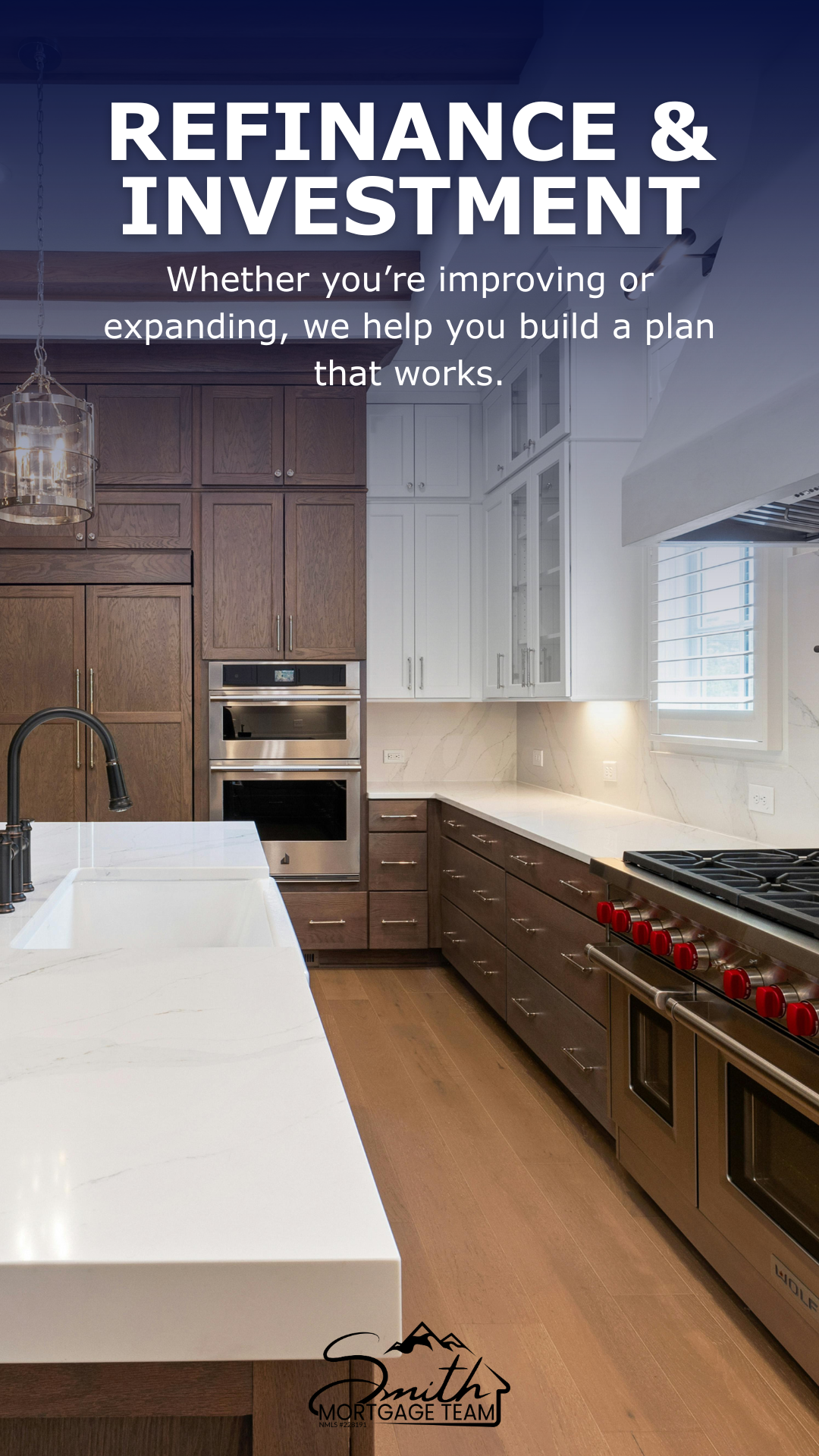 Modern kitchen with white marble countertops, wooden lower cabinets, and white upper cabinets with glass doors. Stainless steel appliances, including an oven and stove with red knobs, and a black faucet over a white sink. There is a window with white blinds and a hanging light fixture.