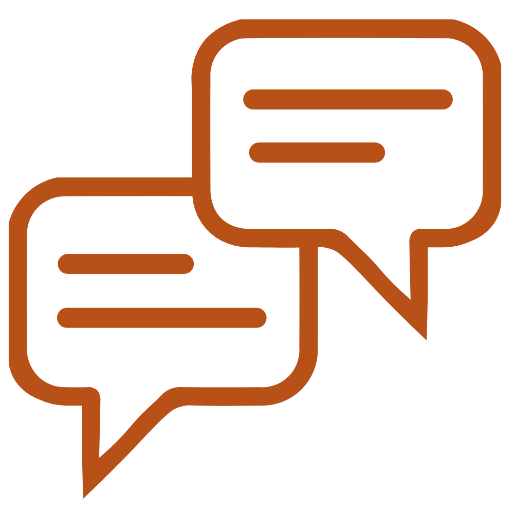 Two overlapping speech bubbles outlined in brown, indicating conversation or communication.
