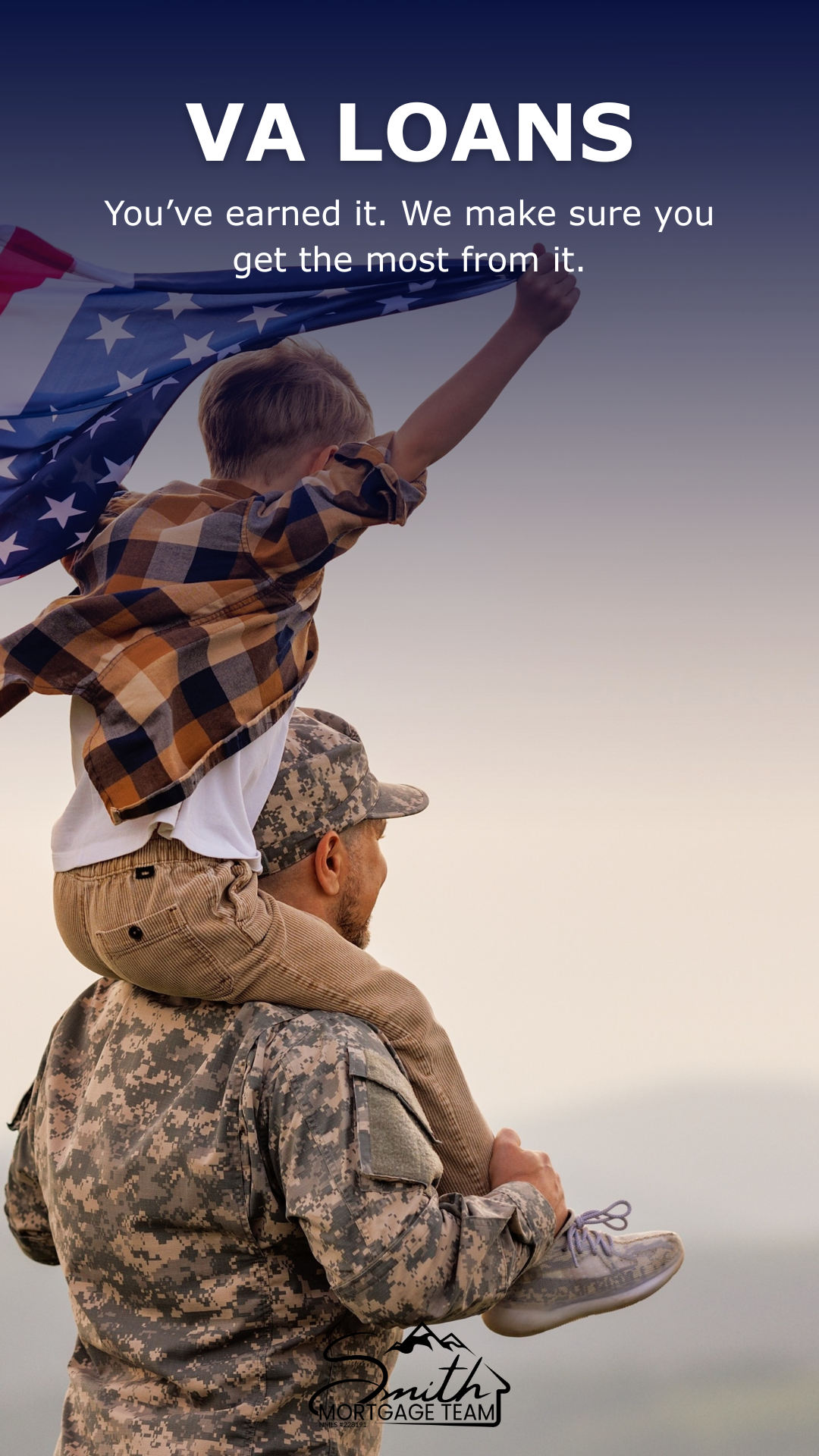 A person in military uniform carrying a child on their shoulders, holding an American flag, outdoors during sunset.
