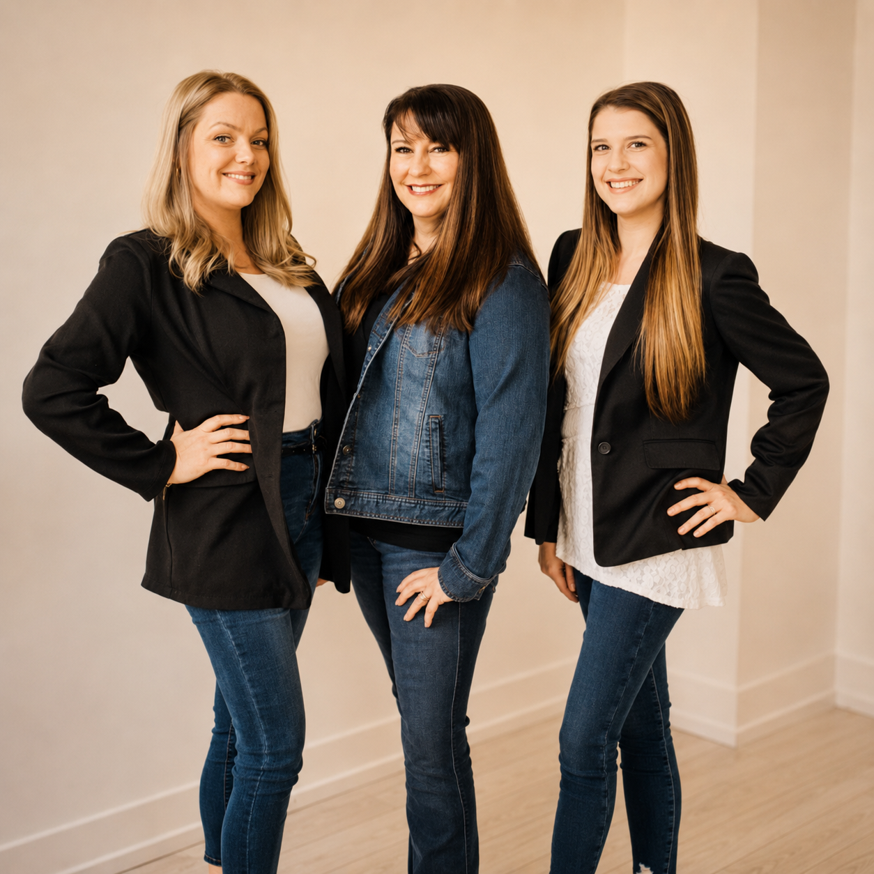 Three smiling women standing together in casual and business casual attire in a room with light-colored walls and wooden floor.