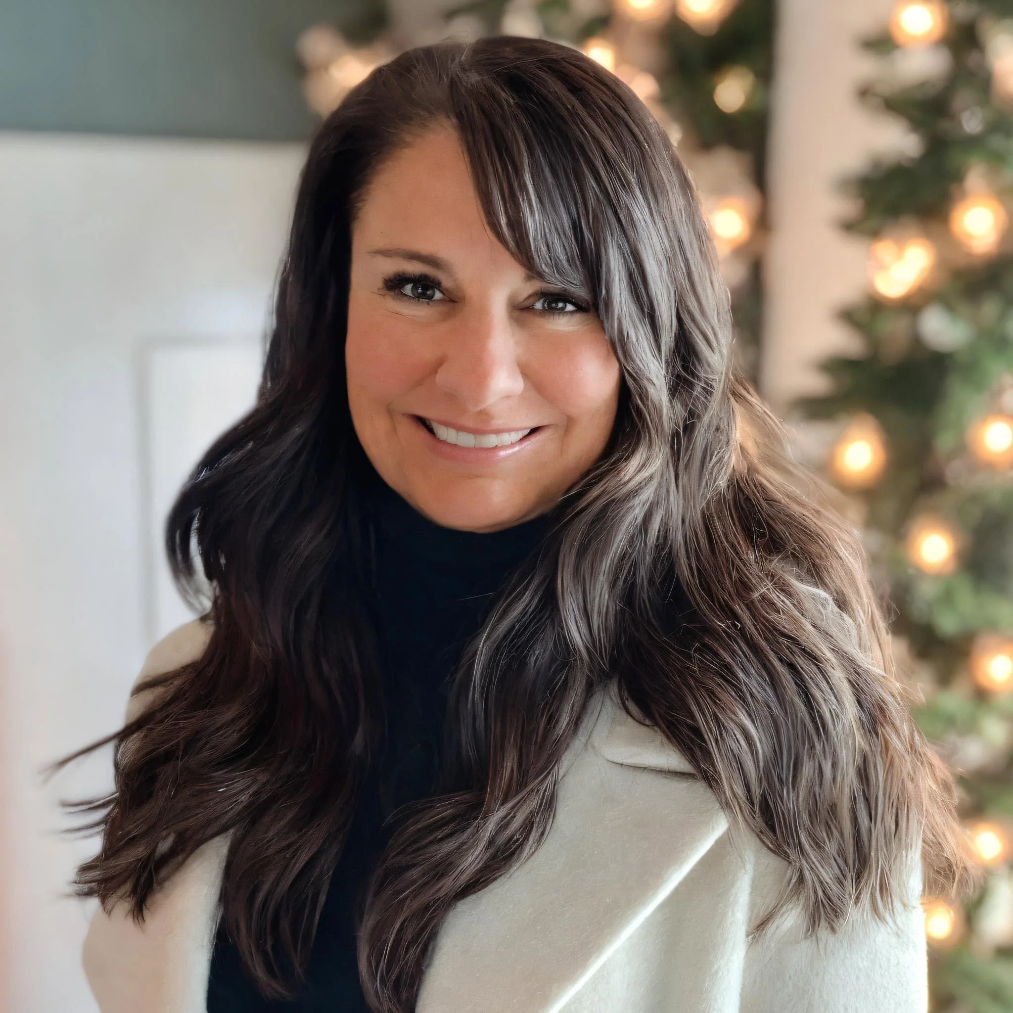 A woman with long brunette hair, smiling, with a blurred background of Christmas lights.