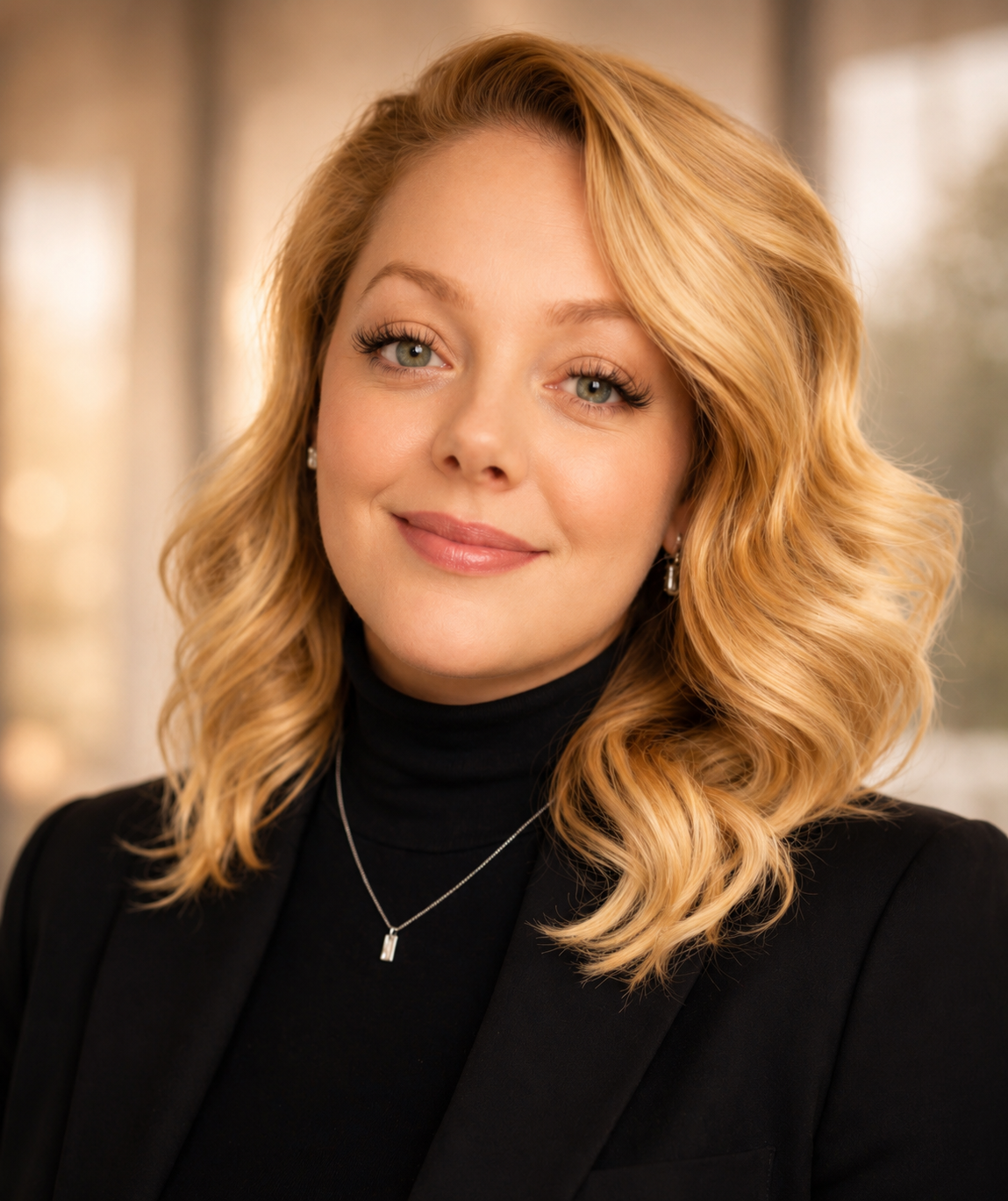A woman with blonde, wavy hair wearing a black turtleneck, a black blazer, and jewelry, smiling comfortably.