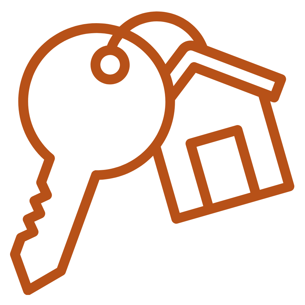 Illustration of a key, a house, and a house key tag in a brown outline style.