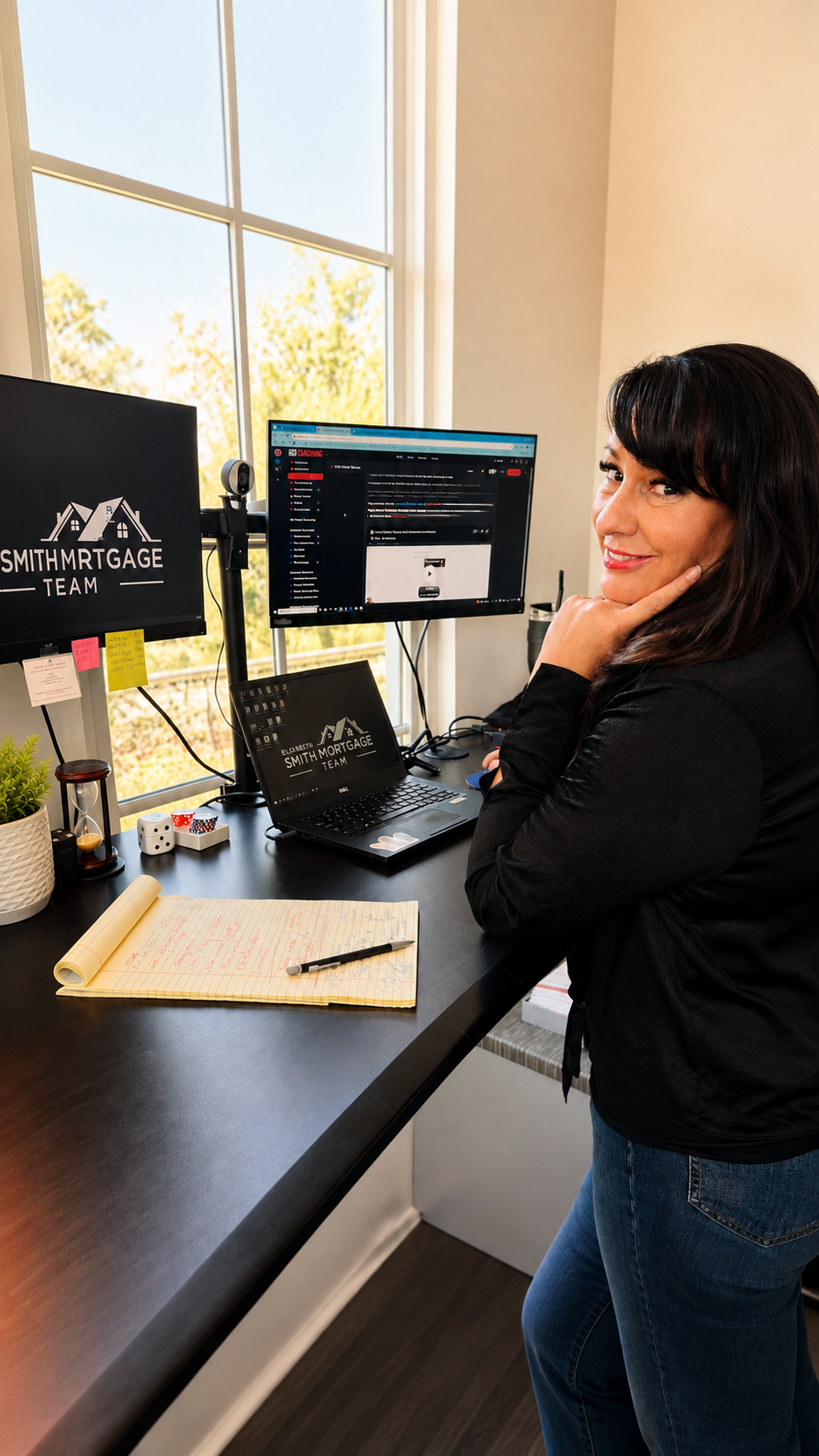 A woman stands at her office desk in front of two monitors, smiling, with a window behind her showing trees outside.