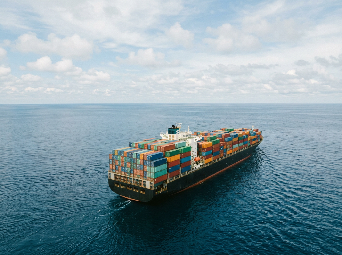 A large cargo ship carrying many colorful shipping containers sailing on open water under a partly cloudy sky.