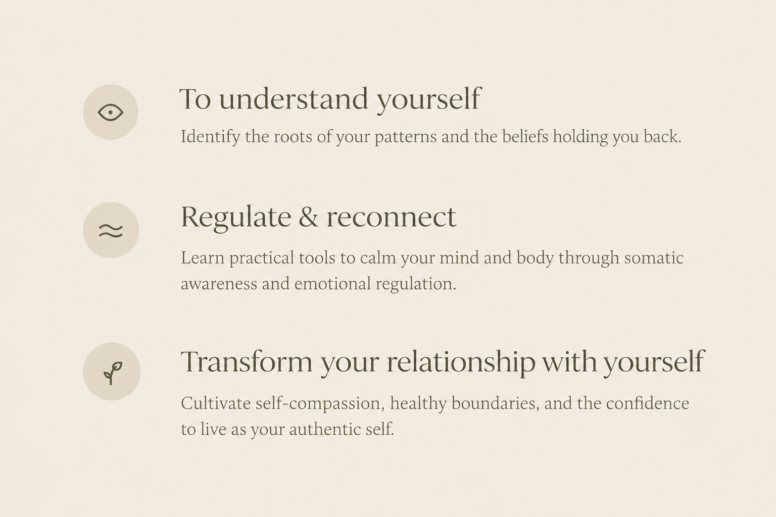 Three sections with icons and text about self-understanding, emotional regulation, and self-compassion. Each section has a round icon on the left and descriptive text.