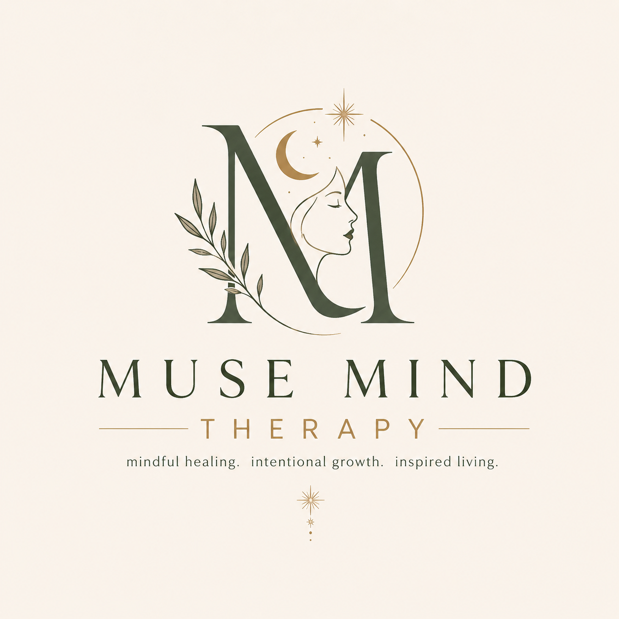 Logo for Muse Mind Therapy featuring a large letter M with a woman's profile, a crescent moon, and star illustrations, along with the text 'Muse Mind Therapy' and the tagline 'mindful healing. intentional growth. inspired living.'